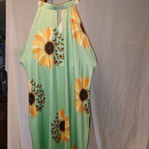 Green Sunflower & Butterfly High Neck Dress | XL | Cottagecore Boho Floral